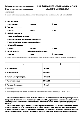 Đề kiểm tra chất lượng đầu năm môn Tiếng Anh Lớp 7 (Thí điểm) - Năm học 2019-2020 (Có đáp án)